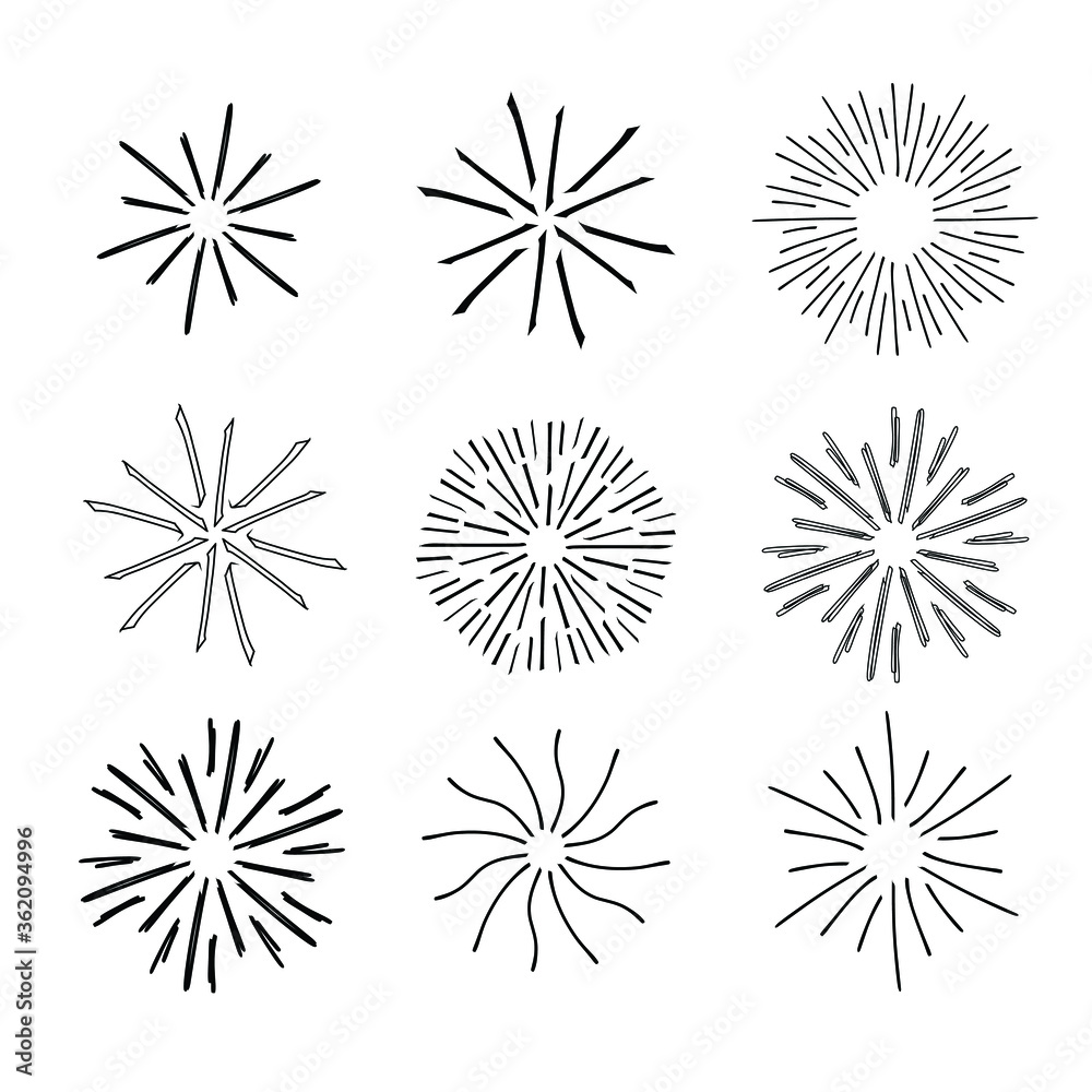 Set, collection of vintage sunburst, explosion doodles isolated on white background EPS Vector Abstract