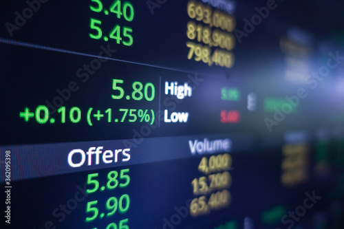 Stock exchange market graph on screen monitor. Economic and financial concept.