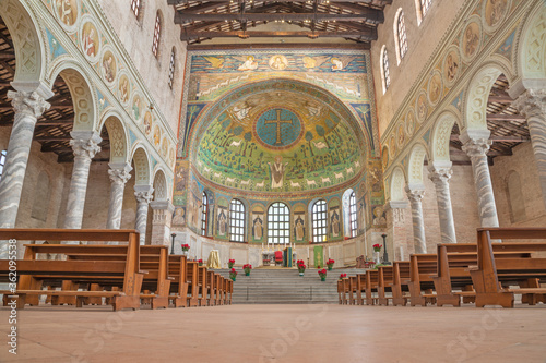 RAVENNA, ITALY - JANUARY 29, 2020: The nave of church Basilica of Sant Apollinare in Classe from the 6. cent. photo