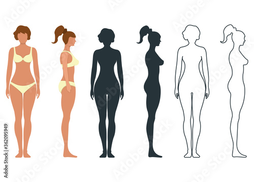 Female anatomy human character, people dummy front and view side body silhouette, isolated on white, flat vector illustration.