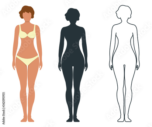 Female anatomy human character, people dummy front and view side body silhouette, isolated on white, flat vector illustration.