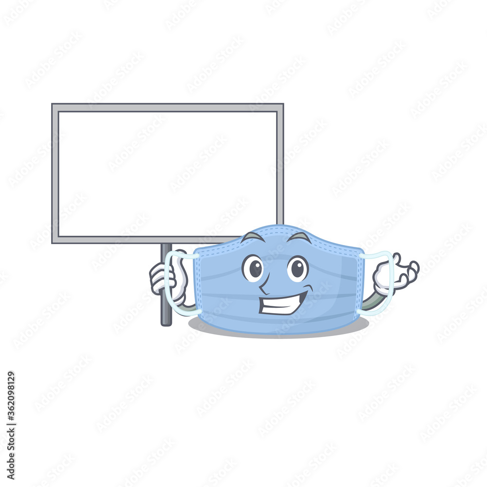 Cartoon picture of surgical mask mascot design style carries a board Cartoon picture of surgical mask mascot design style carries a board