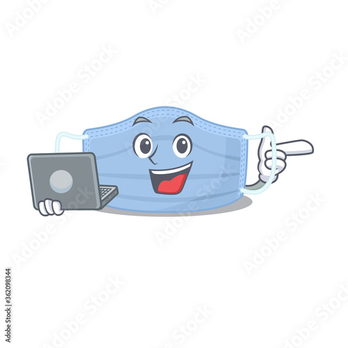 Smart cartoon character of surgical mask studying at home with a laptop