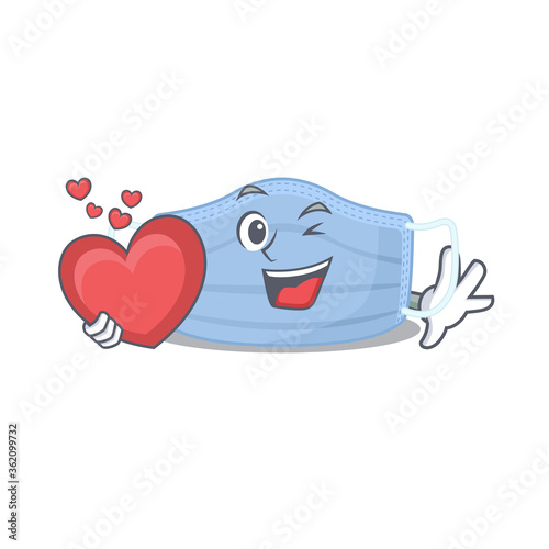 A sweet surgical mask cartoon character style holding a big heart
