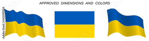 Ukrainian flag in static position and in motion, developing in the wind. Exact sizes and colors on a white background photo