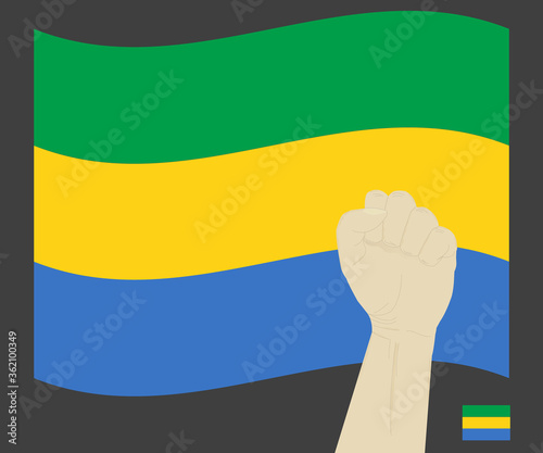 Fist power hand with gabon National flag, Fight for Gabonese People concept, cartoon graphic, sign symbol background, vector illustration.