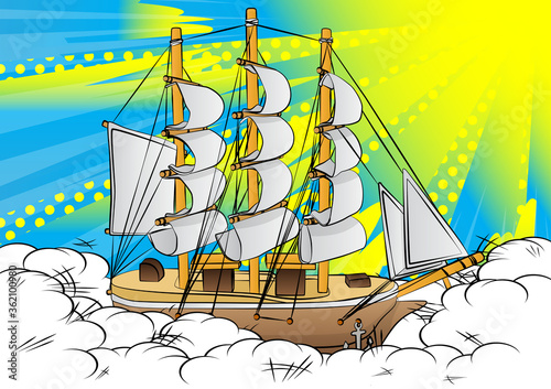 Sailboat or pirate ship on stormy sea - comic book style, cartoon vector illustration.
