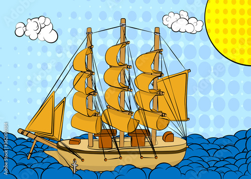 Sailboat or pirate ship on stormy sea - comic book style, cartoon vector illustration.