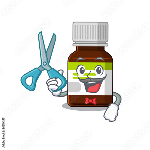 Antibiotic bottle cartoon character design as talented barber