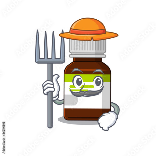 Antibiotic bottle mascot design working as a Farmer wearing a hat