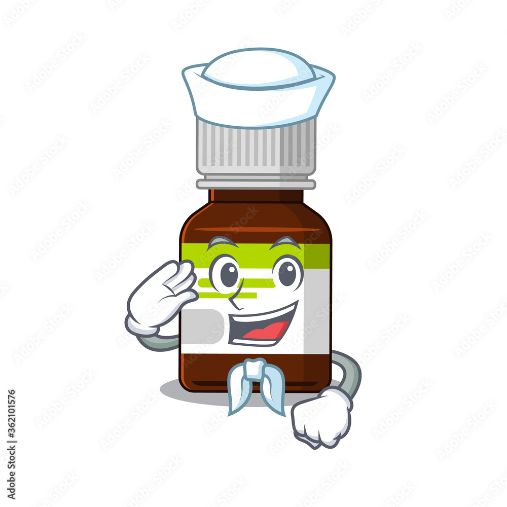 Smiley sailor cartoon character of antibiotic bottle wearing white hat and tie