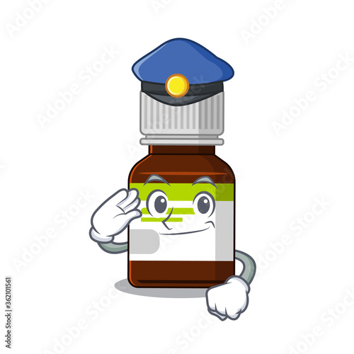 Police officer cartoon drawing of antibiotic bottle wearing a blue hat