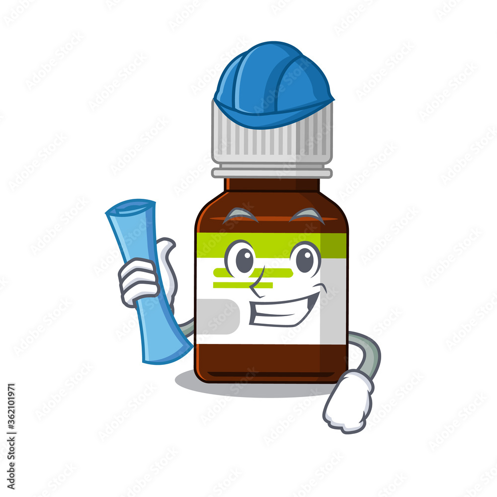 caricature picture of antibiotic bottle Architect with blue prints