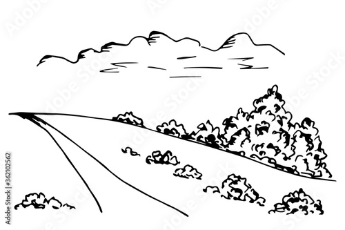The road to the hill, bushes, tree, clouds, rural landscape, suburb, nature. Simple vector ink drawing.