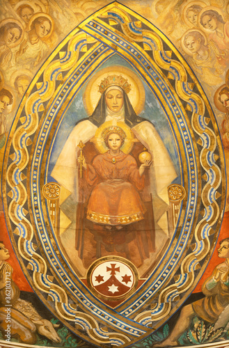 BARCELONA, SPAIN - MARCH 3, 2020: The fresco of Glory of St. Therese of the Child Jesus in the church Parroquia Santa Teresa de l'Infant Jesus by Francisco Labarta (20. cent.).