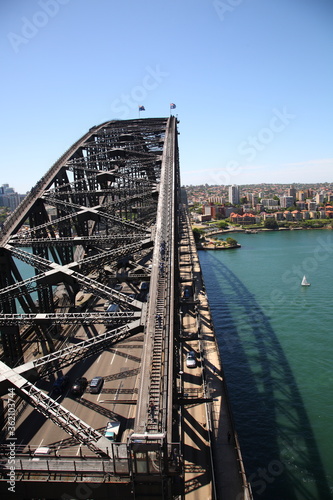 Aerial view of People climbing and explore Sydney Harbor Bridge with  cityscape in Sydney, Australia © CYSUN