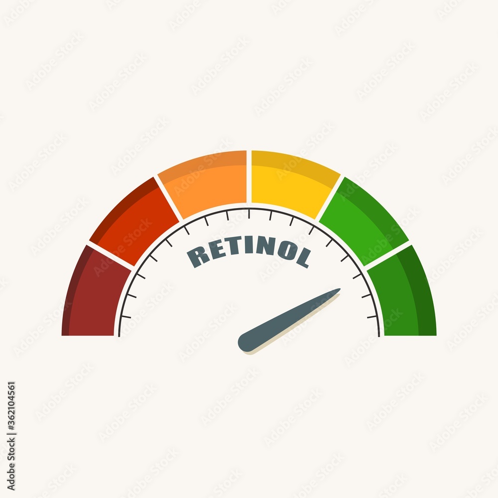 Scale with arrow. The vitamin A retinol measuring device. Sign tachometer, speedometer, indicator. Scale with arrow. The vitamin A retinol measuring device. Sign tachometer, speedometer, indicator.
