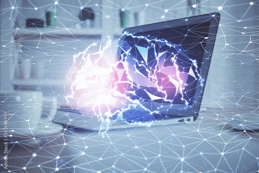Multi exposure of work table with computer and brain hologram. Brainstorm concept. Multi exposure of work table with computer and brain hologram. Brainstorm concept.