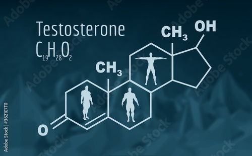 Chemical molecular formula hormone testosterone. Infographics illustration. Man silhouette. Low poly mountains landscape backdround.
