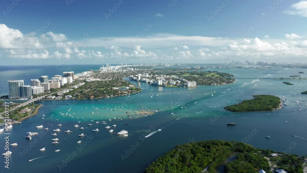 4K aerial slow motion for travel business. Tropical nature of Miami Bay Area. Yachting and water sports in the warm waters of Atlantic ocean is one of the most popular tourist attractions, Florida USA 4K aerial slow motion for travel business. Tropical nature of Miami Bay Area. Yachting and water sports in the warm waters of Atlantic ocean is one of the most popular tourist attractions, Florida USA