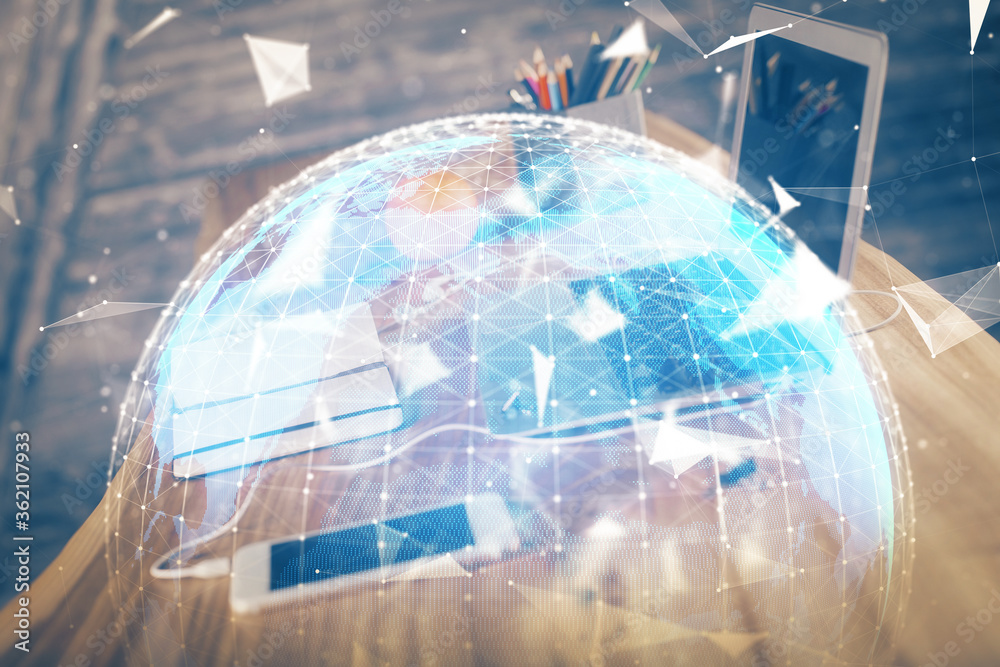 Multi exposure of business theme icons and table with computer background. Concept of success. Multi exposure of business theme icons and table with computer background. Concept of success.