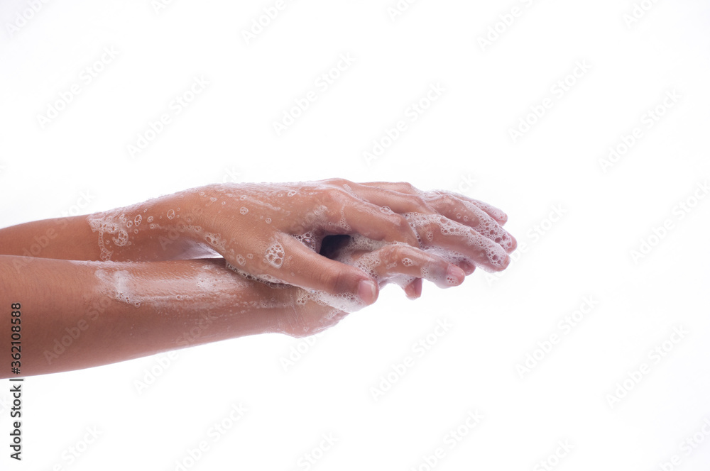 Fototapeta premium Hand washing practice ,good hygiene practice concept, isolated over white.