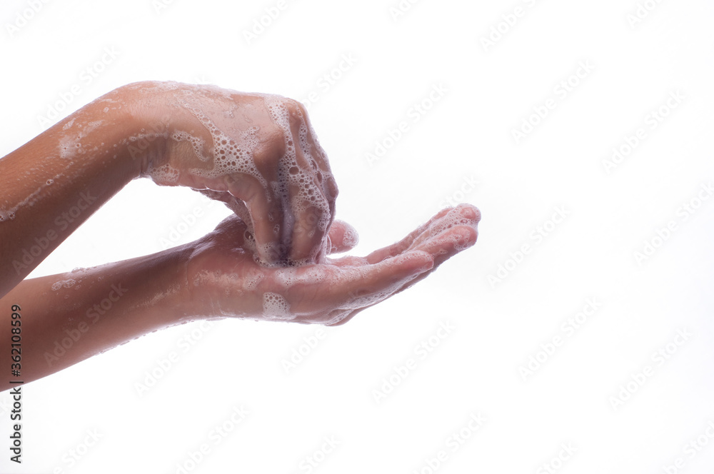 Fototapeta premium Hand washing practice ,good hygiene practice concept, isolated over white.
