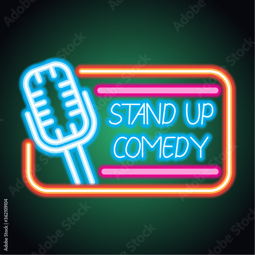 stand up neon sign for stand up comedy advertisement. vector illustration