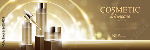 cosmetic product poster, bottle package design with moisturizer cream or liquid, sparkling background with glitter polka, vector design..