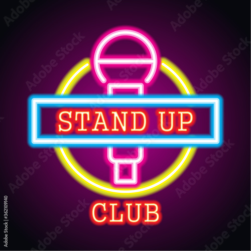 stand up neon sign for stand up comedy advertisement. vector illustration