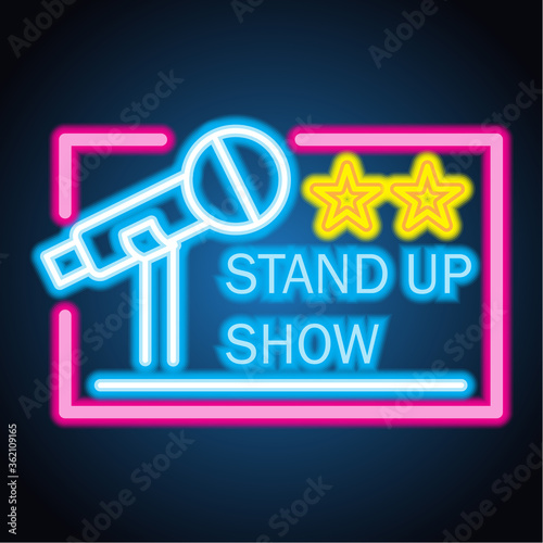 stand up neon sign for stand up comedy advertisement. vector illustration