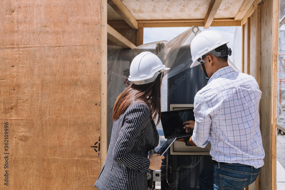 Project engineer, engineer and architect working on construction site, construction site engineer working on and inspect blueprint of project