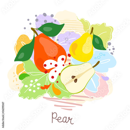 Fresh, green whole and halved pear, leaves, fruits on a white background. Doodle