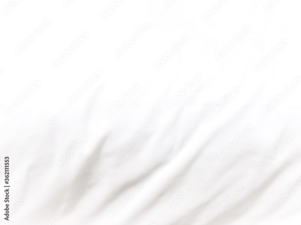 Closeup of out of focus white satin fabric background, wavy surface of bed linen topview image.