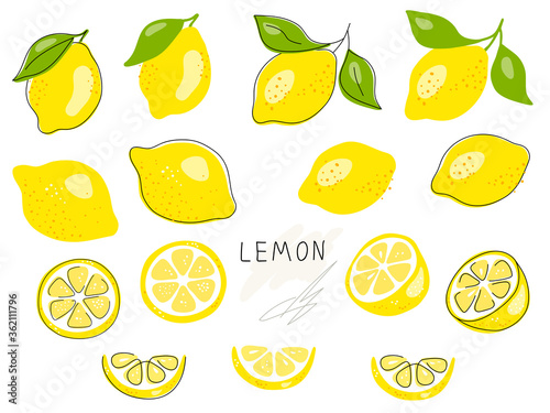 Whole lemon cut in half, slice, clipping path isolated on a white background. Set.