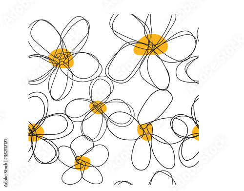 Seamless repeat pattern with flowers in black and yellow on a white background.  Doodle flowers.