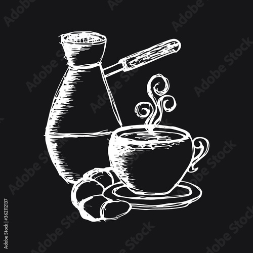 Hand drawn sketch style coffee equipment set isolated on white background. Coffee mill, turkish cezve and mug.