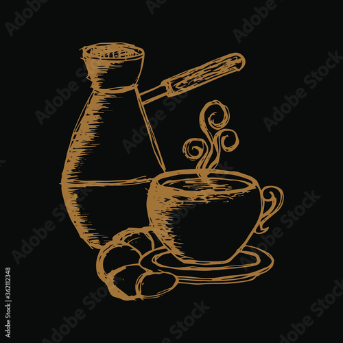 Hand drawn sketch style coffee equipment set isolated on white background. Coffee mill, turkish cezve and mug.