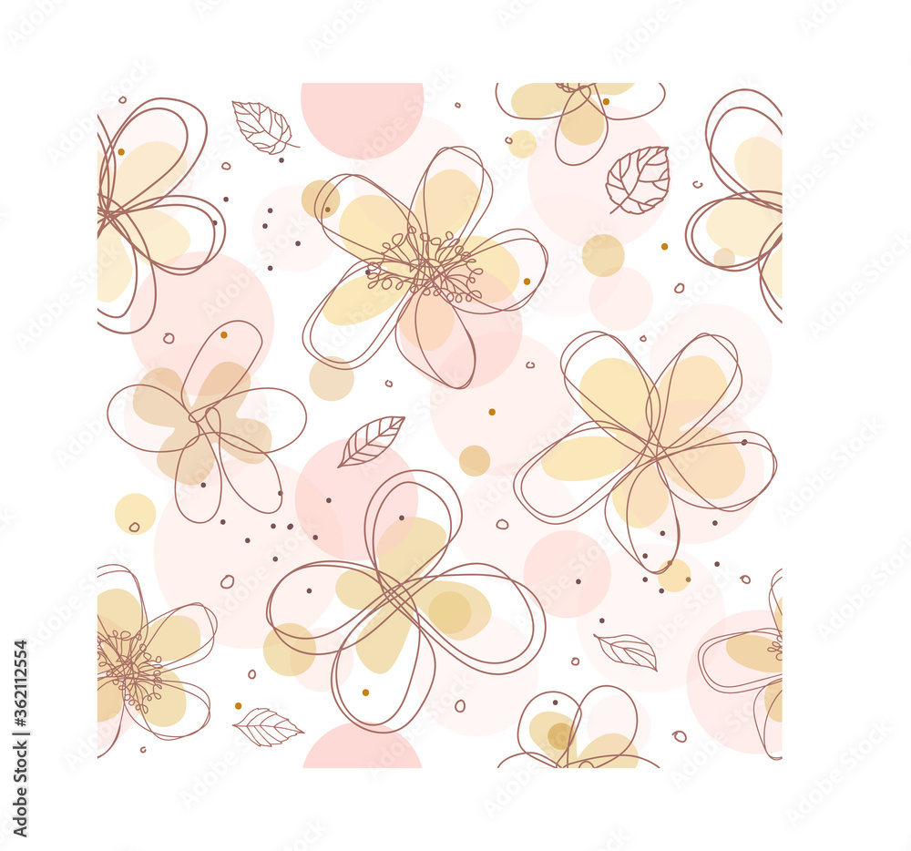 Seamless pattern from contours of flowers and watercolor dots on a white background.