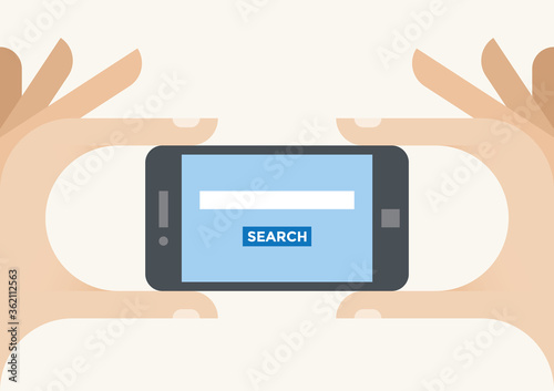 Internet web search page (Google, Bing, Yandex etc.) field and button on the screen in human hands. With copy space for your text in search field.