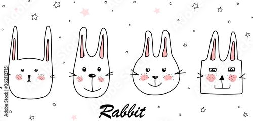 Beautiful cartoon doodle cute bunny in sketch style. Hand drawn minimalism style.