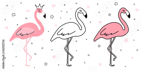 Pink flamingo. Doodle. Cartoon. Scandinavian style vector illustration.