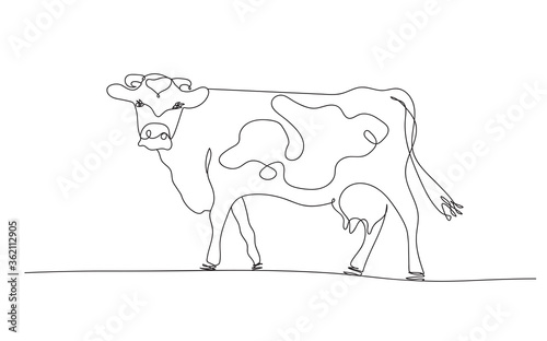 One line cow design silhouette and rural meadow on mountain background.