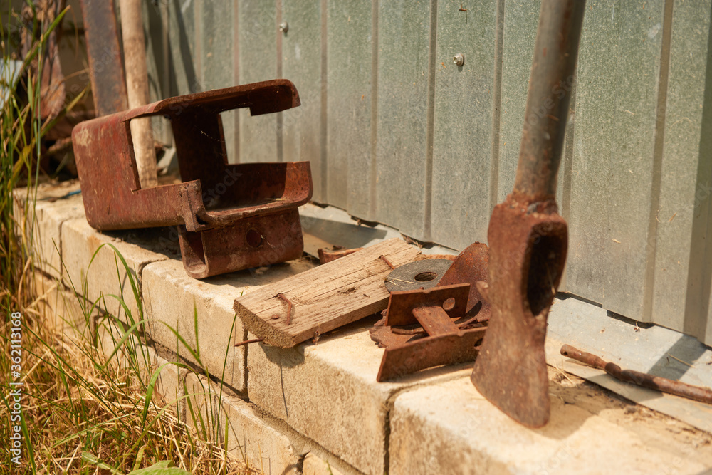Old, solid technology. Spring tension on a star wheel rake. Old, solid technology. Spring tension on a star wheel rake.