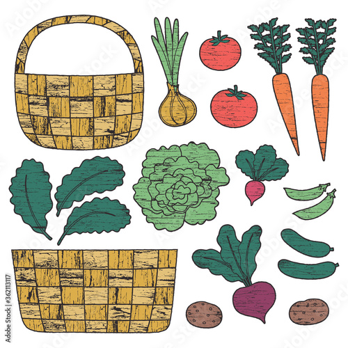 Set of vegetables and baskets with grunge wooden texture