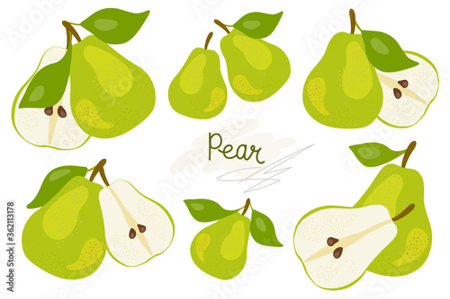 Fresh, green whole and halved pear, leaves, fruits on a white background. Doodle
