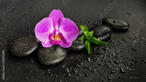 Photography Spa concept with zen stones, orchid flower and bamboo