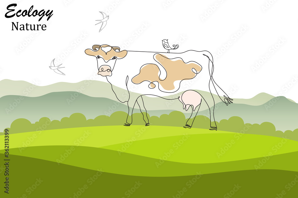 One line cow design silhouette and rural meadow on mountain background. One line cow design silhouette and rural meadow on mountain background.