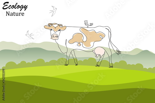 One line cow design silhouette and rural meadow on mountain background.