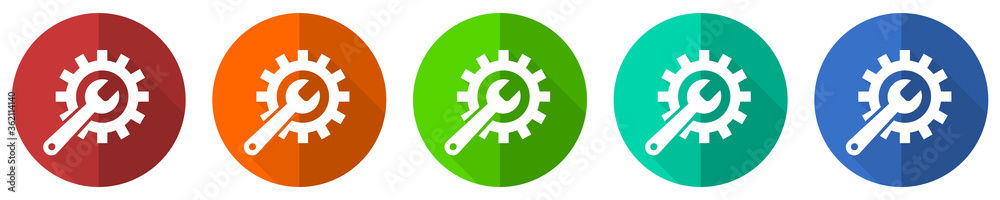 Repair, industry, service concept icon set, red, blue, green and orange flat design web buttons isolated on white background, vector illustration Repair, industry, service concept icon set, red, blue, green and orange flat design web buttons isolated on white background, vector illustration